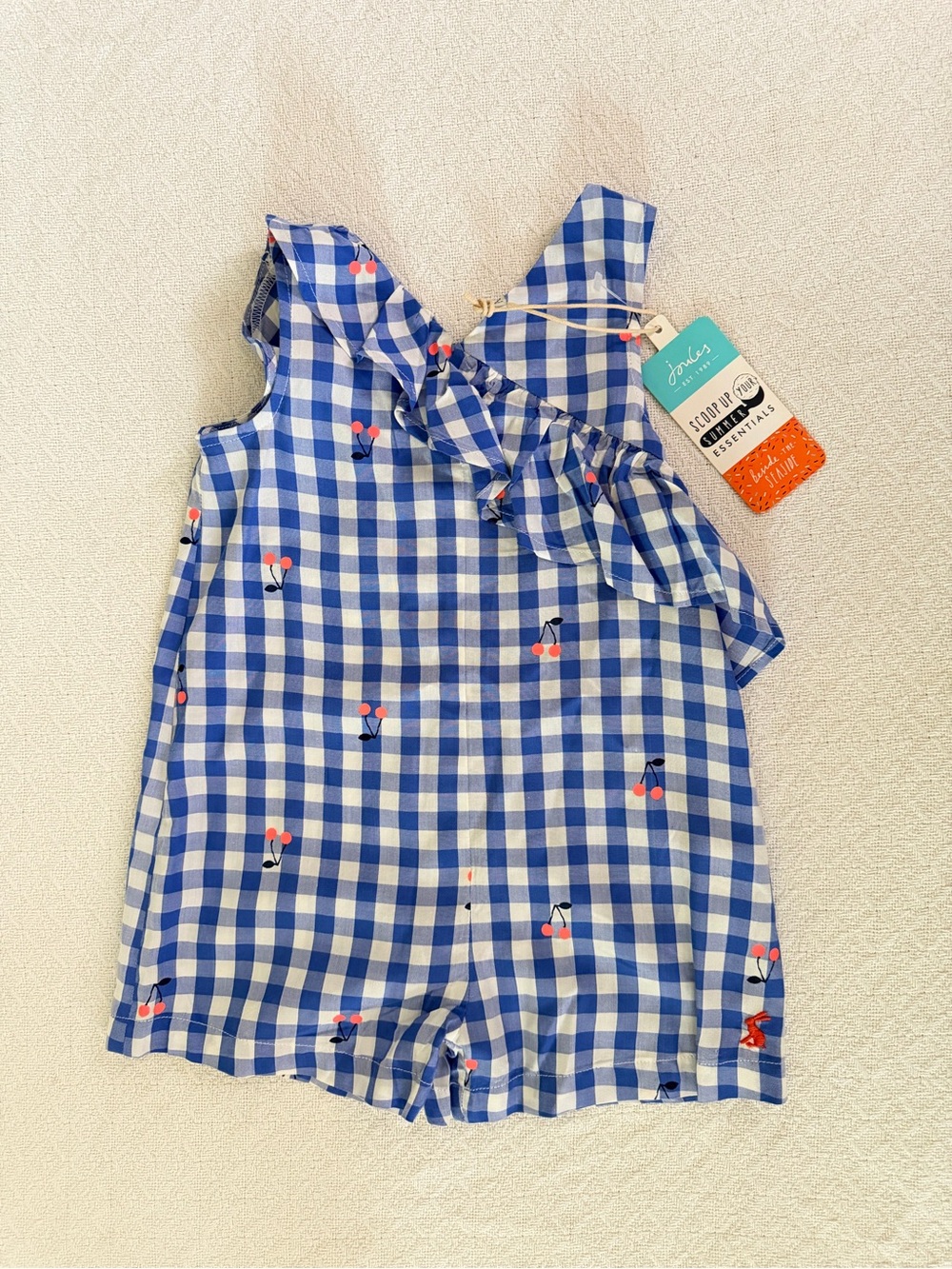 Joules Anna Woven Printed Blue Gingham Cherry Playsuit NWT